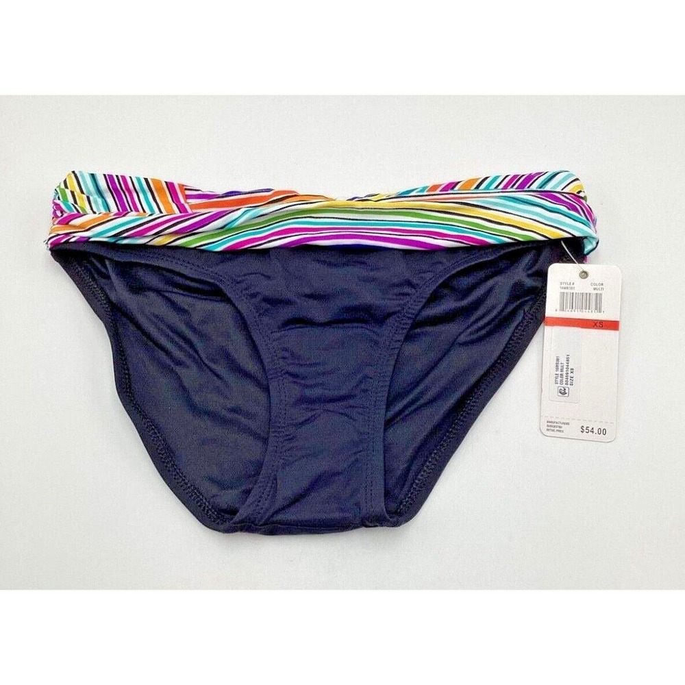 Anne Cole Signature Bikini Bottom Black Multi Color Fold-Over Banded Swim XS